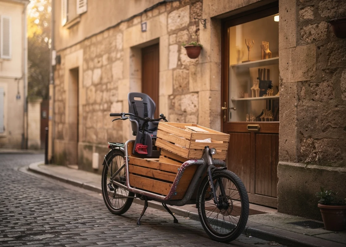 Vélo cargo chargé devant un atelier