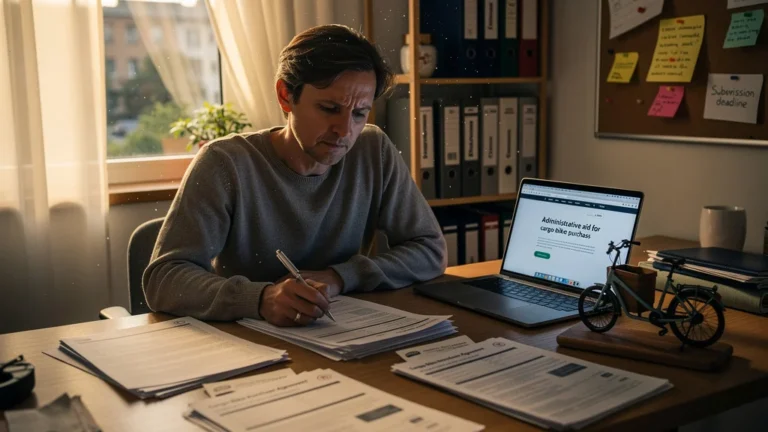 Personne stressée devant des documents d'aides à l'achat d'un vélo cargo, bureau éclairé naturellement