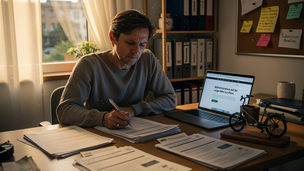 Personne stressée devant des documents d'aides à l'achat d'un vélo cargo, bureau éclairé naturellement