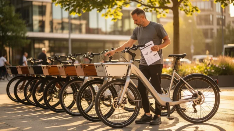 Vue hyperréaliste d’une personne choisissant un vélo cargo en consultant une fiche technique détaillée