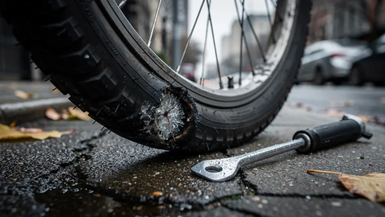 Pneu de vélo sous-gonflé crevé deux fois en une semaine, vue détaillée et réaliste