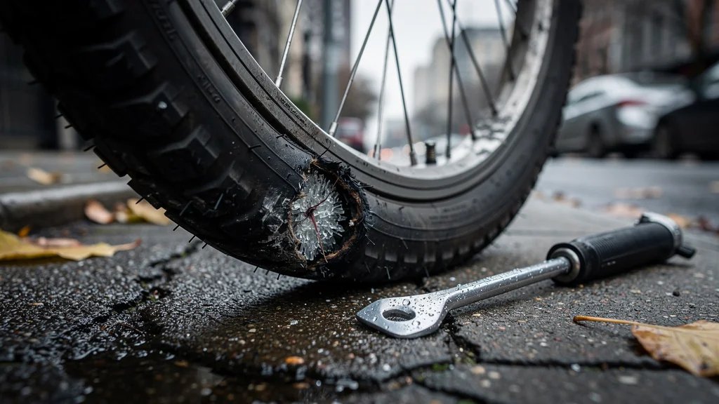 Pneu de vélo sous-gonflé crevé deux fois en une semaine, vue détaillée et réaliste
