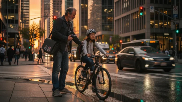 Homme apprenant à sa fille à faire du vélo en ville, illustrant la prudence parentale en milieu urbain