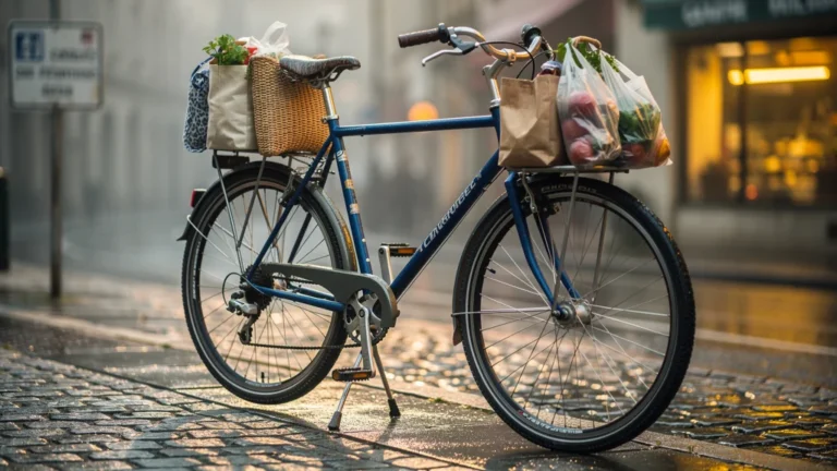 Vélo chargé sur double béquille solide tenant parfaitement droit en milieu urbain, mobilité fiable