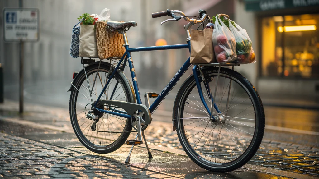 Vélo chargé sur double béquille solide tenant parfaitement droit en milieu urbain, mobilité fiable