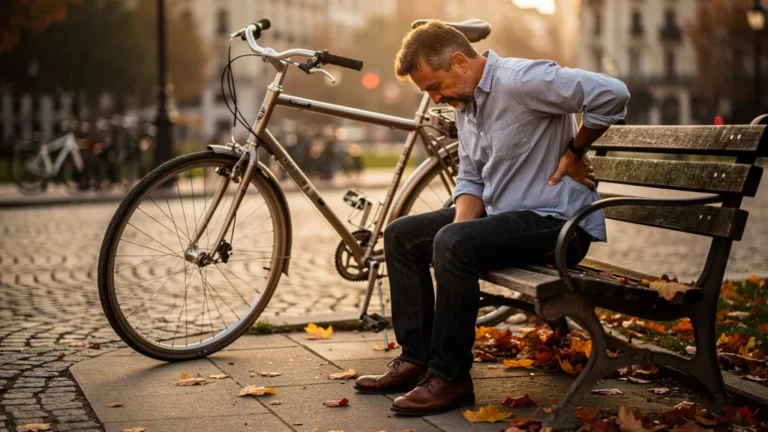 Homme de 42 ans assis, dos douloureux après avoir acheté un vélo trop grand, lumière dorée urbaine