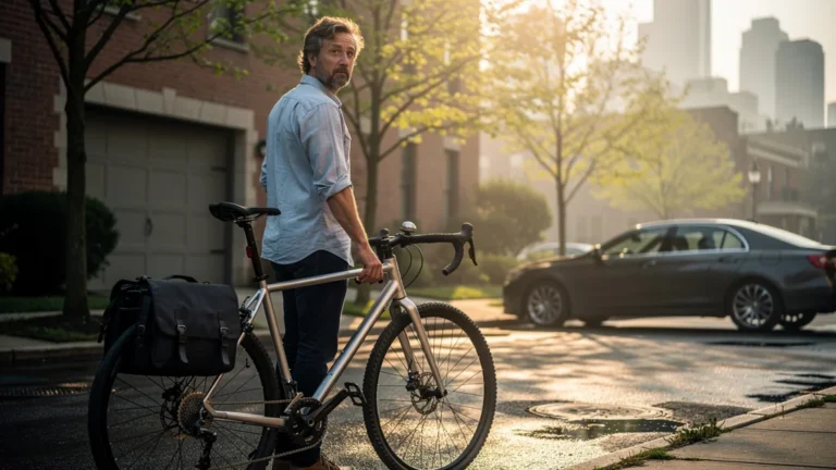 Homme de 42 ans surpris laissant sa voiture au garage pour aller au travail à vélo en ville