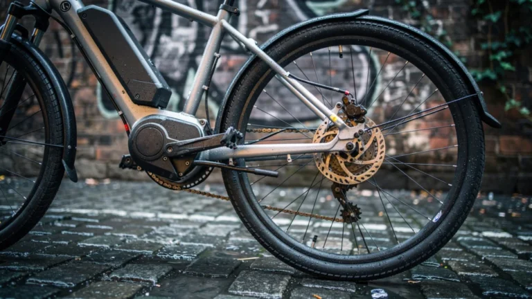 Gros plan hyper-réaliste d’un vélo électrique nécessitant un entretien urgent en milieu urbain humide