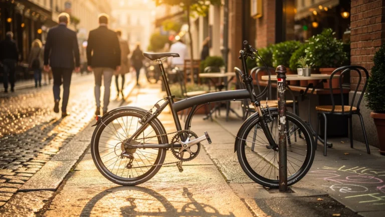 Vélo pliant moderne en ville illustrant promesses et durabilité limitée en milieu urbain
