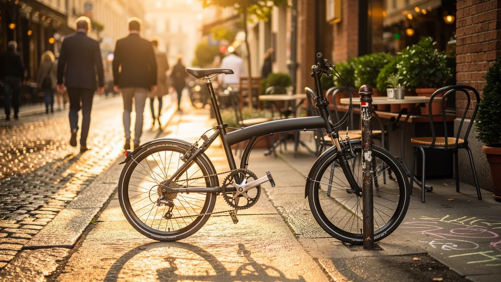 Vélo pliant moderne en ville illustrant promesses et durabilité limitée en milieu urbain
