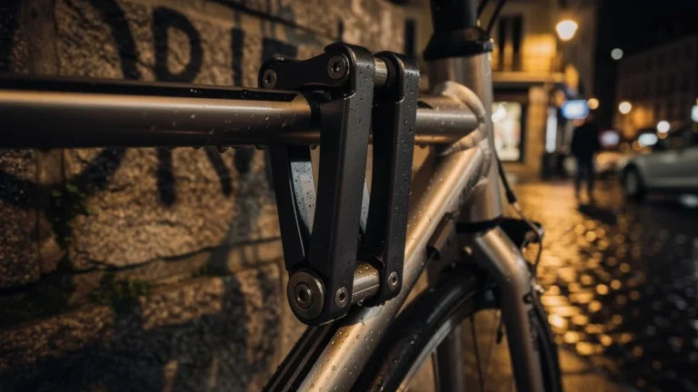 Antivol pliant résistant toute une nuit en centre-ville sur un vélo sous éclairage urbain nocturne