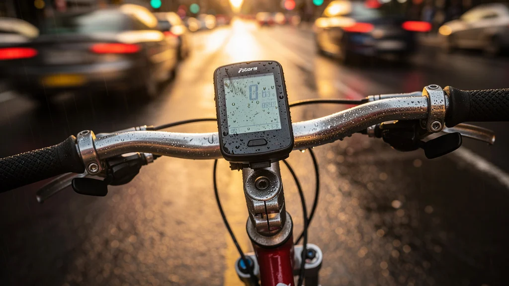 Compteur sans fil robuste sur vélo urbain après un mois de trajets quotidiens, lumière dorée et pluie fine