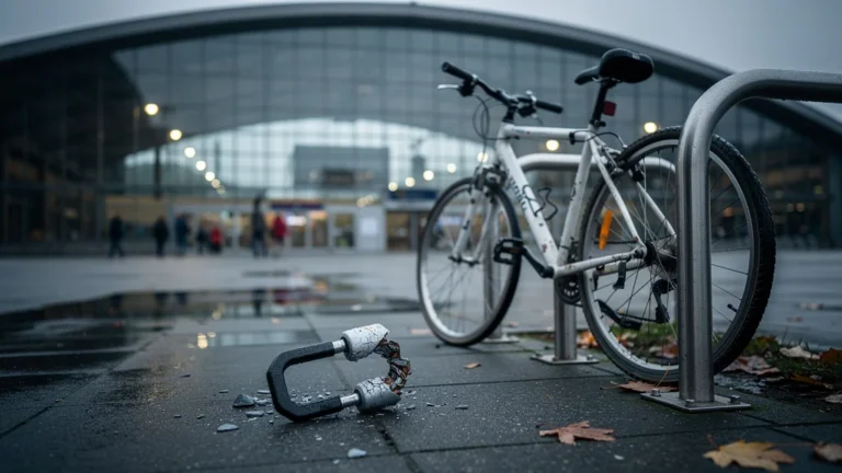 Antivol de vélo cassé devant une gare moderne, illustrant une défaillance à 15 euros