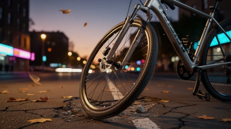 Bicyclette avec roue avant mal serrée sur route urbaine, risque de chute évité de justesse