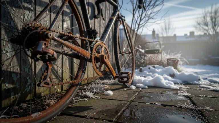 Vélo laissé dehors l’hiver avec transmission rouillée par l’humidité et le froid