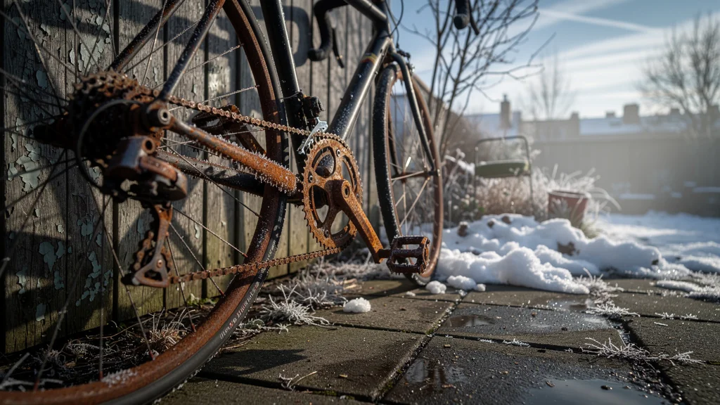 Vélo laissé dehors l’hiver avec transmission rouillée par l’humidité et le froid