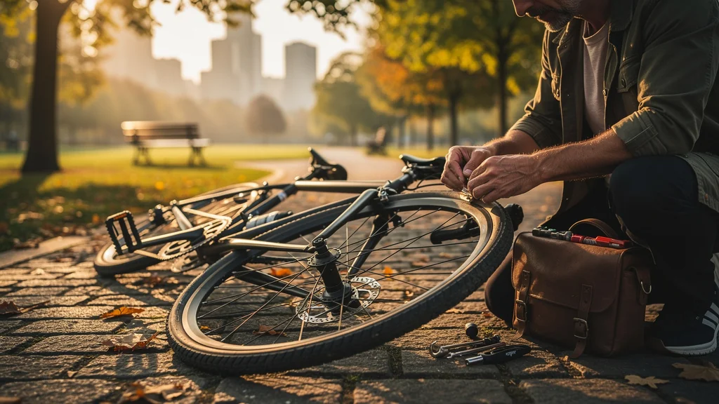 Homme réparant seul sa première crevaison de vélo dans un parc urbain au coucher du soleil