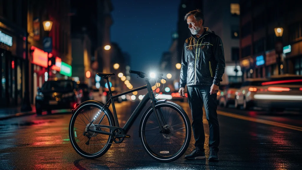 Homme cycliste de nuit révisant son équipement d'éclairage pour sécurité et mobilité urbaine