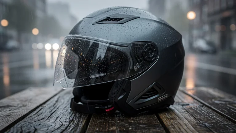 Casque à visière de pluie élégant posé sur une table en bois, illustration hyper-réaliste mobilité