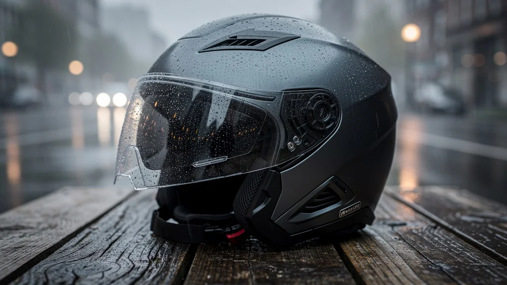 Casque à visière de pluie élégant posé sur une table en bois, illustration hyper-réaliste mobilité
