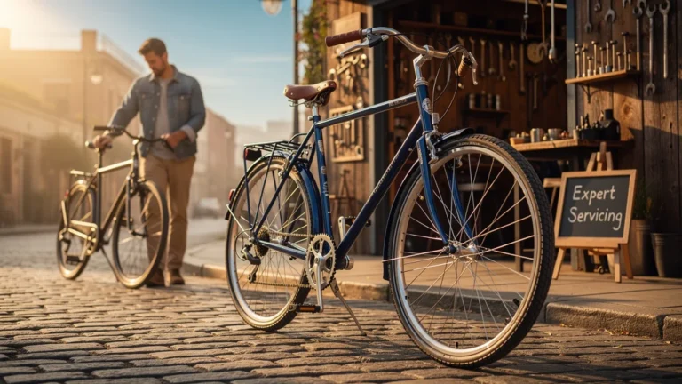 Vélo d'occasion révisé brillant au soleil près d'un atelier de réparation en ville, symbole de qualité durable