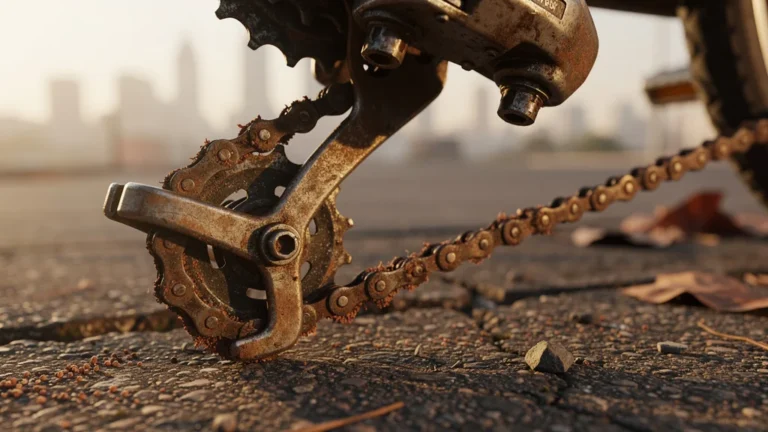 Dérailleur et chaîne de vélo rouillés non graissés, illustration du coût d’une chaîne jamais entretenue