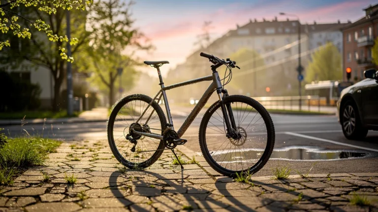 Photo réaliste d’un vélo sur une rue urbaine au lever du soleil après avoir vendu une deuxième voiture
